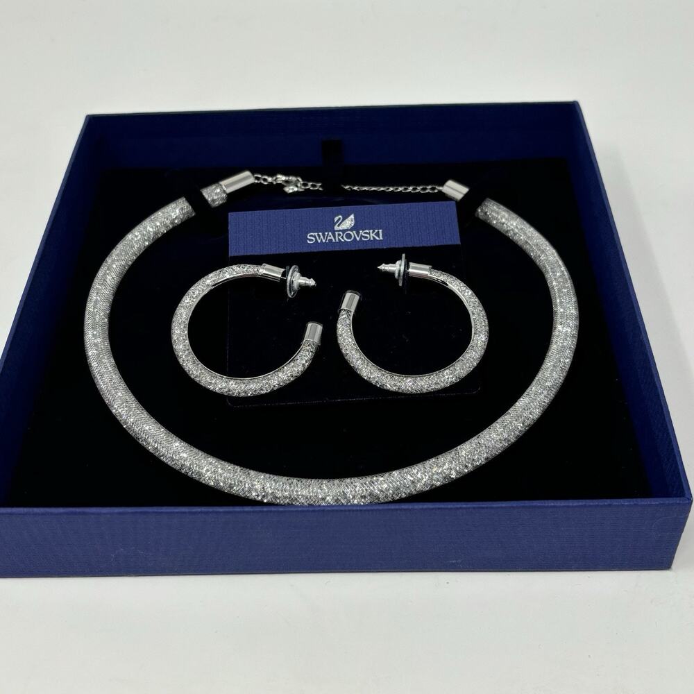 Swarovski Stardust Deluxe Clear Crystal Fishnet Tube Necklace With Earrings - Picture 6 of 6